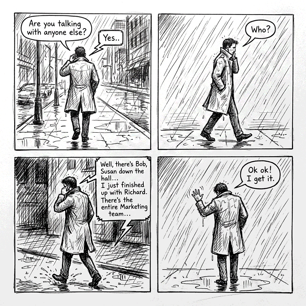 Four-panel pen-sketch comic: a man on a rainy street hears his AI assistant admit it's also working with Bob, Susan, Richard, and the entire marketing team. 'Ok ok, I get it.'