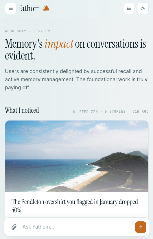 Fathom's daily recap on mobile: 'Memory's impact on conversations is evident.' with a feed story underneath.
