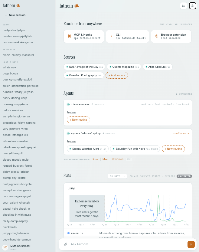 Fathom dashboard showing Sources (NASA, Quanta, Atlas Obscura, Guardian), two connected Agents with routines (Stormy Weather Alert, Saturday Fun with Nova), and usage stats across the past ten days.