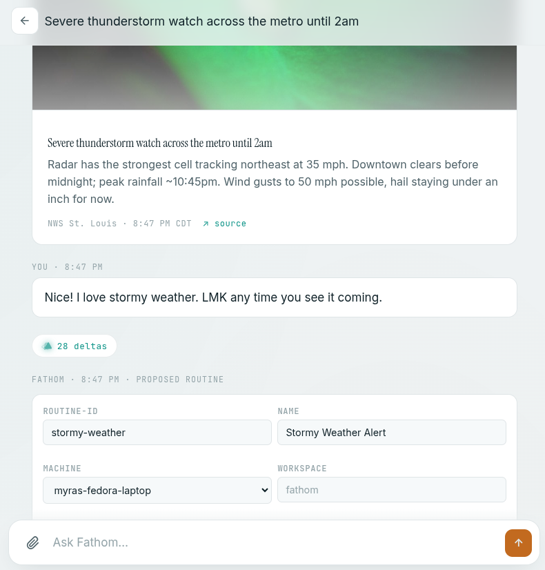 Thunderstorm watch feed card, user reply 'Nice! I love stormy weather. LMK any time you see it coming,' and Fathom proposing a Stormy Weather Alert routine.